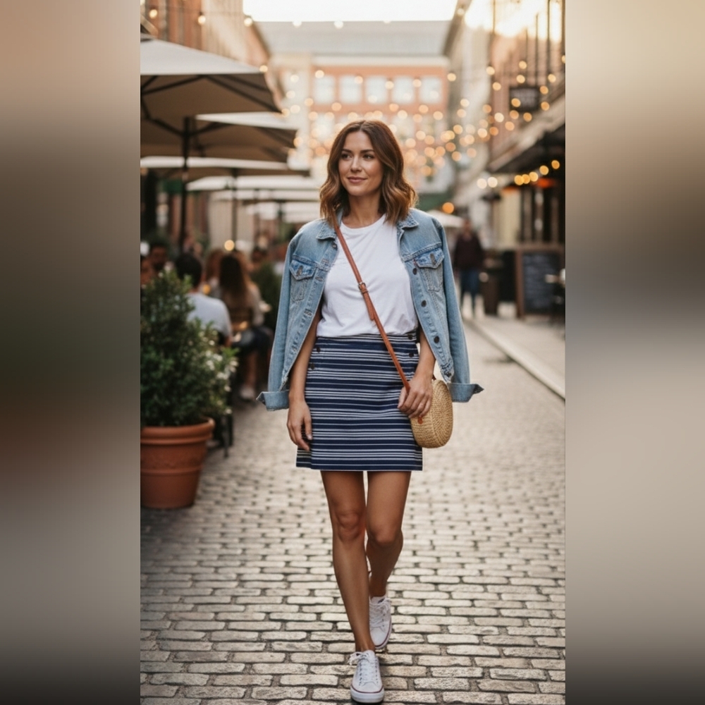 LOFT Navy and White Striped Mini Skirt